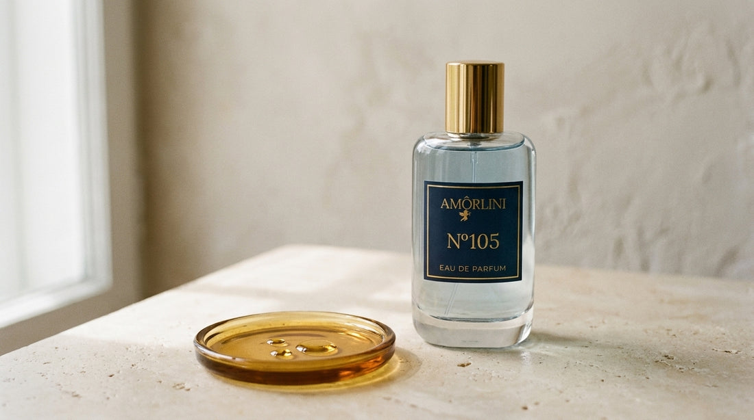 Amorlini N°105 Flakon neben einer Schale mit goldenem Parfümöl als Sinnbild für den Duftöl-Anteil