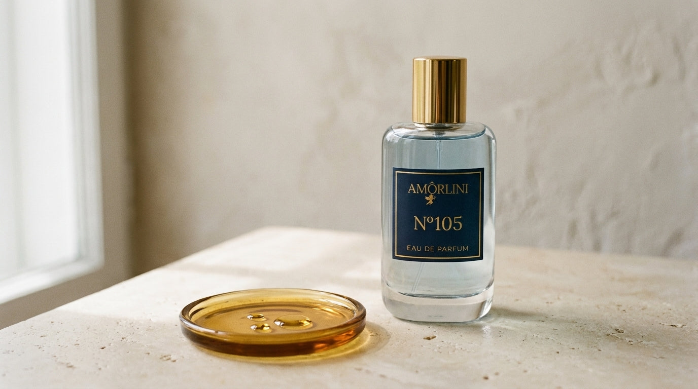 Amorlini N°105 Flakon neben einer Schale mit goldenem Parfümöl als Sinnbild für den Duftöl-Anteil