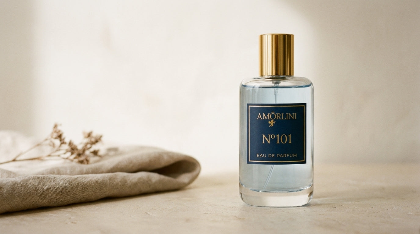 Amorlini N°101 Eau de Parfum Flakon auf hellem Kalkstein im Tageslicht