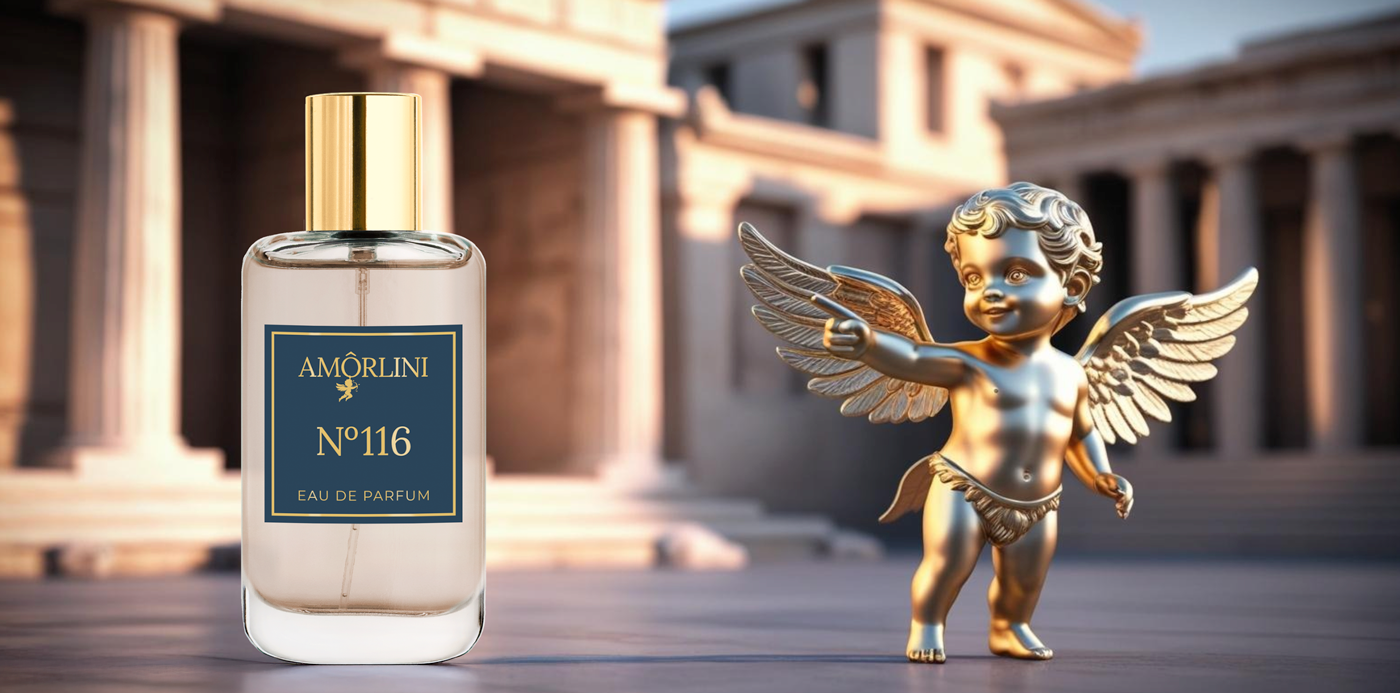Kleiner Amor zeigt auf Amorlini Duftzwilling Parfumflasche